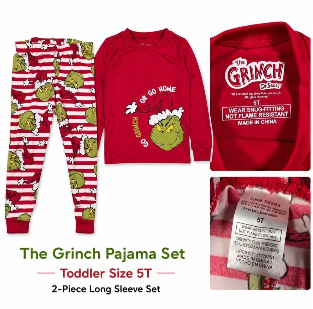 Dr. Seuss The Grinch Toddler Pajamas 5T Red Go Grinch or Go Home 2 Pc Set